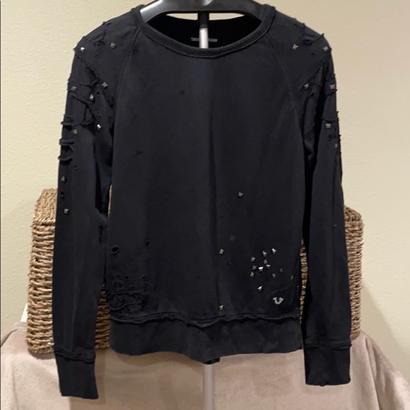 True Religion Distressed Studded Sweatshirt - Picture 1 of 10
